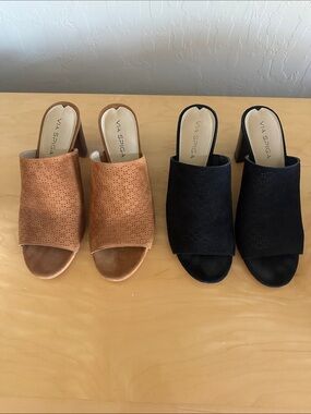 Via Spiga Two-Pair Open-Toe Mules in Tan and Black Bundle